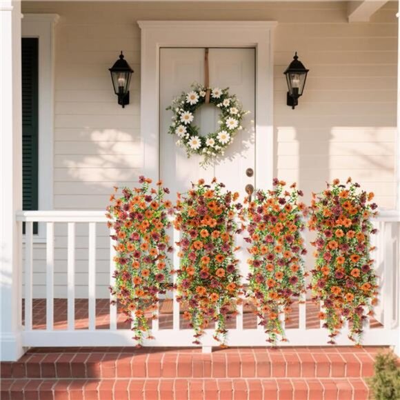 Artificial Hanging Flowers Outdoor Fall Decor Faux Silk Daisy Plants Indoor Porc - Picture 3 of 7